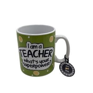 "I'm a Teacher, What's Your Superpower?" Green Polka Dot Coffee Mug